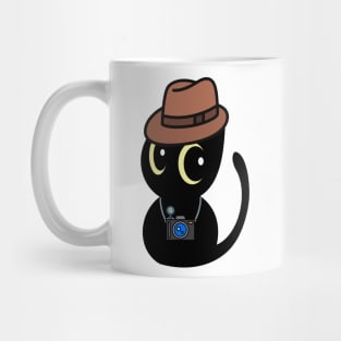 Funny black cat is holding a camera Mug